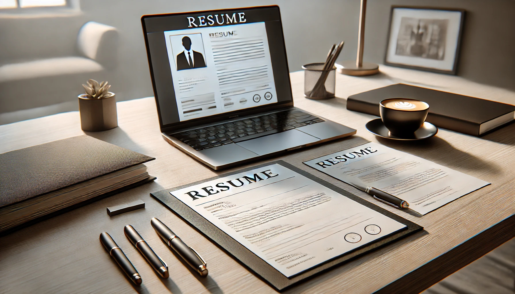 A professional creating a standout online resume on a laptop, showcasing sections for skills, achievements, and experience in a modern workspace.